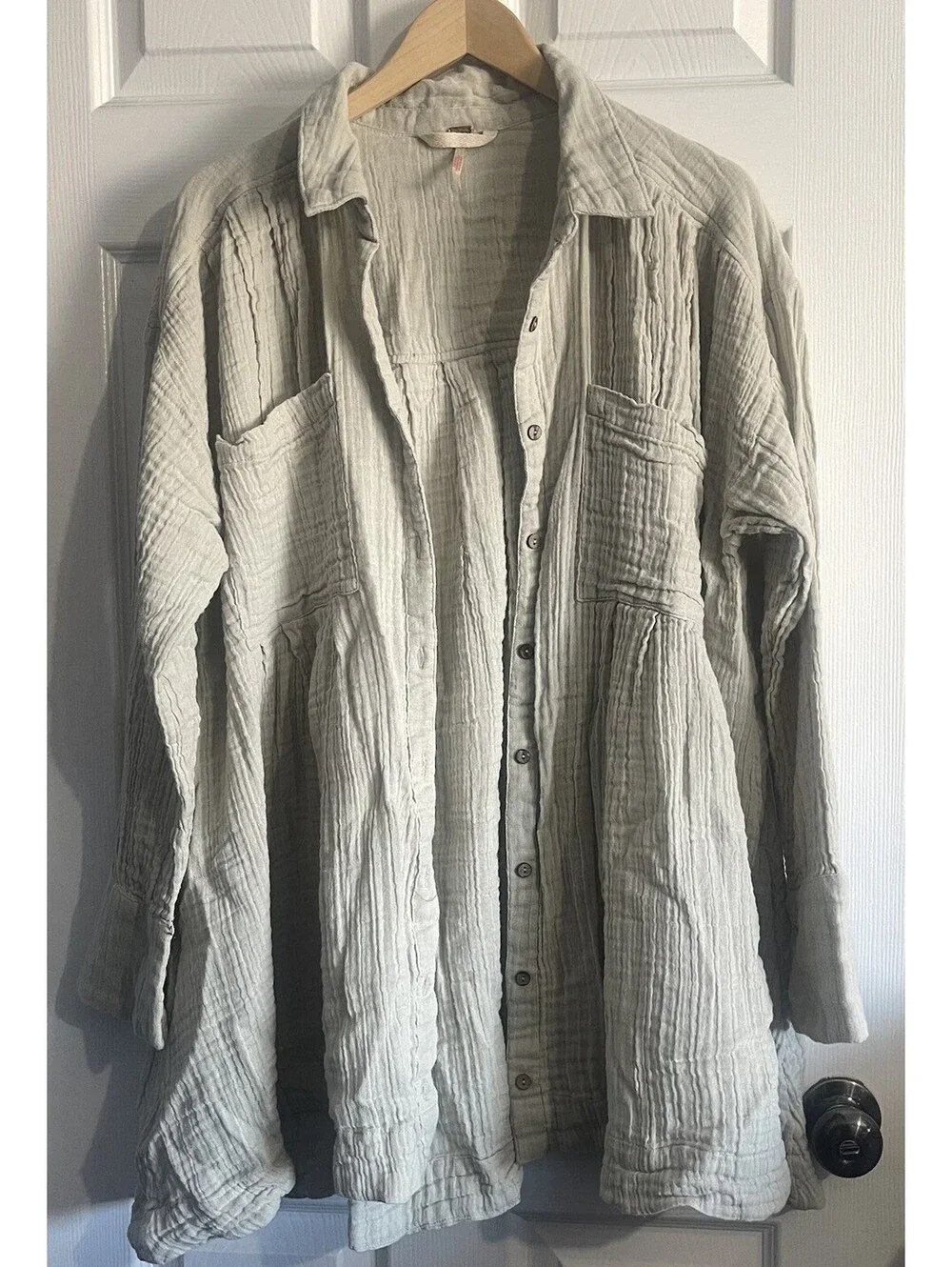 Free People Voyager Gauze Shirt Dress Tunic L Taupe Sage Pockets Boho Pockets